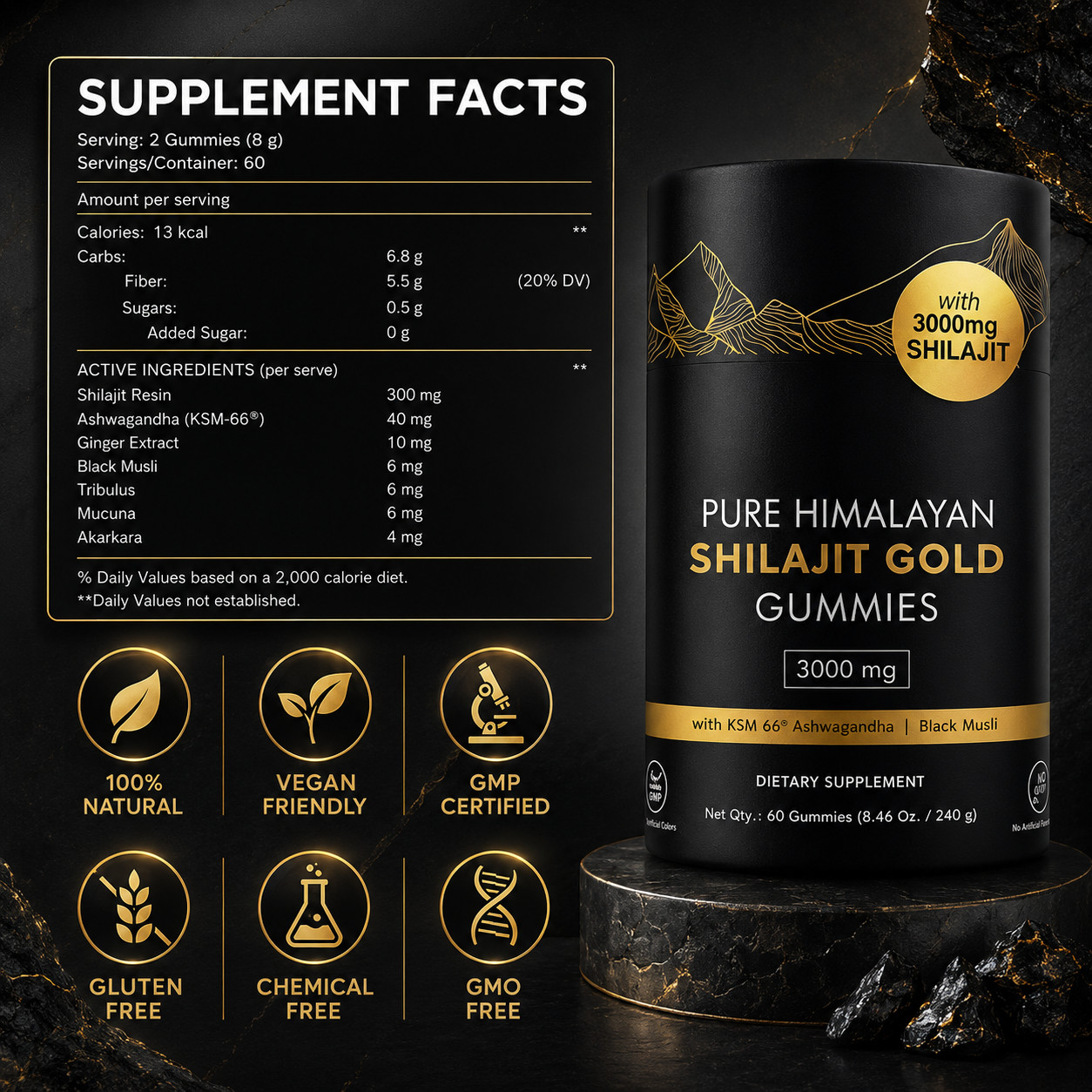 100% Pure Organic Shilajit GOLD Gummies, Ashwagandha, Fulvic Acid& other 3000mg