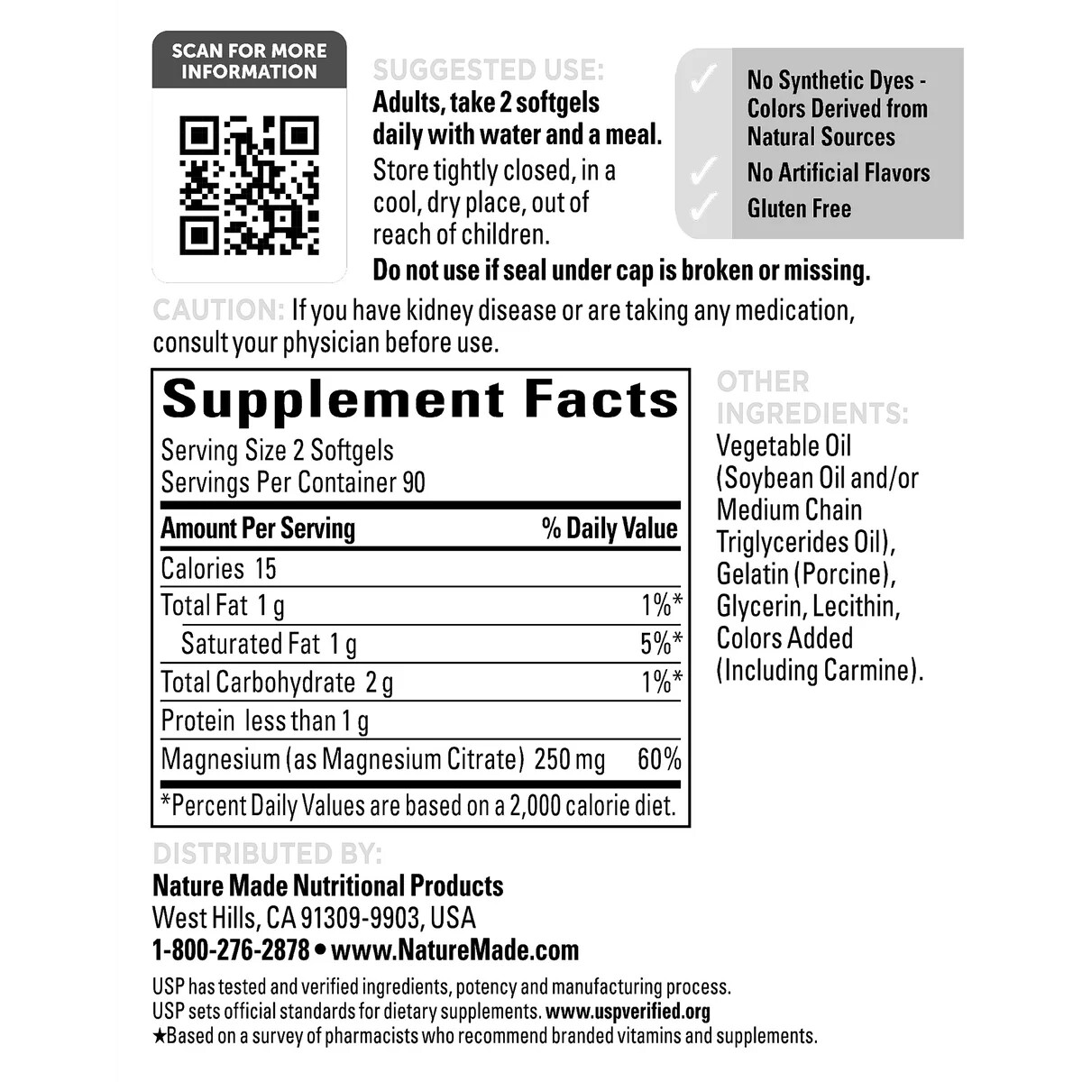 Nature Made Magnesium Citrate 250 Mg. 180 Softgels EXP 02/2026