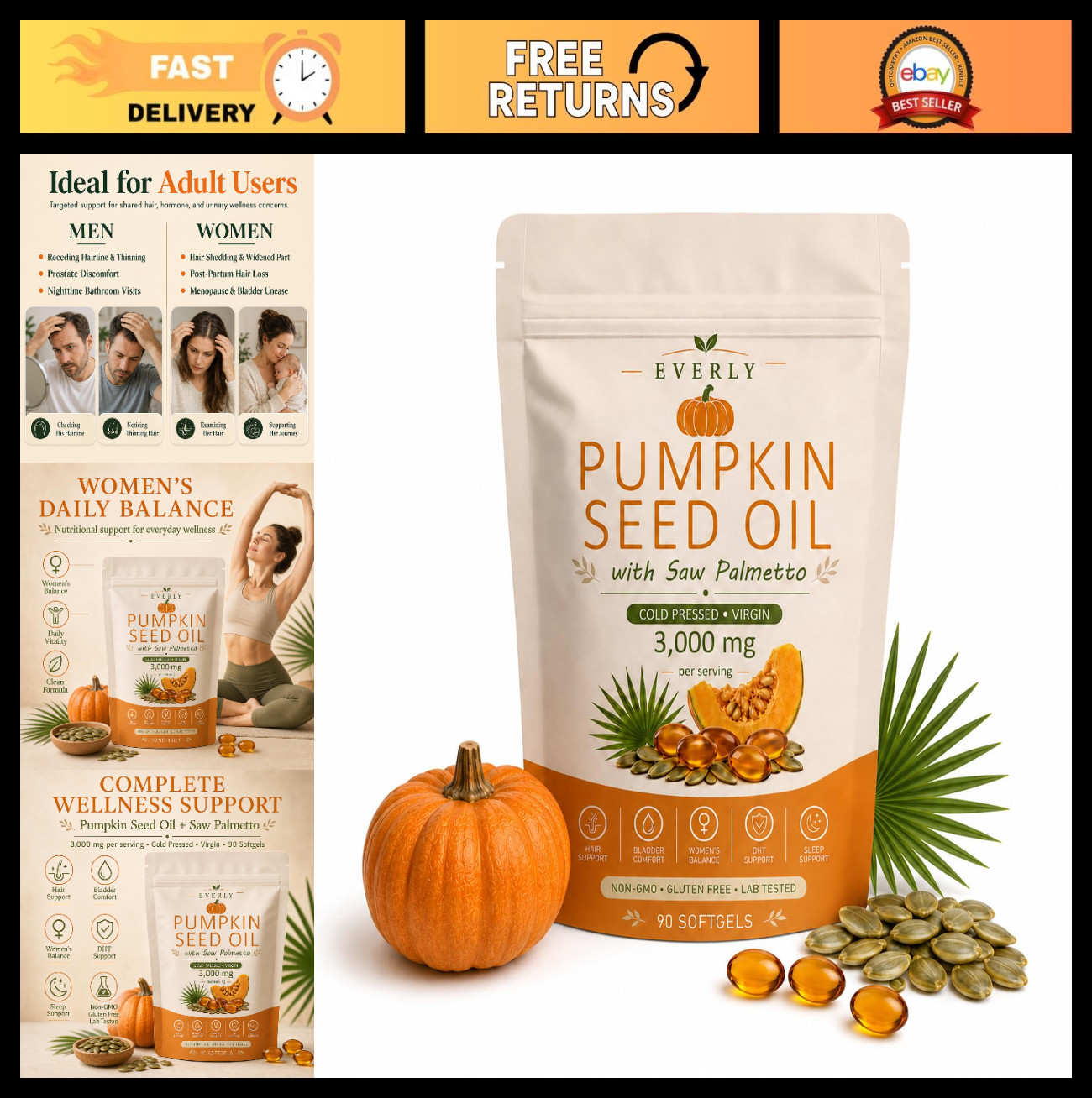 Pumpkin Seed Oil with Saw Palmetto, Cold Pressed Non-GMO, 90 Softgels for Hair &