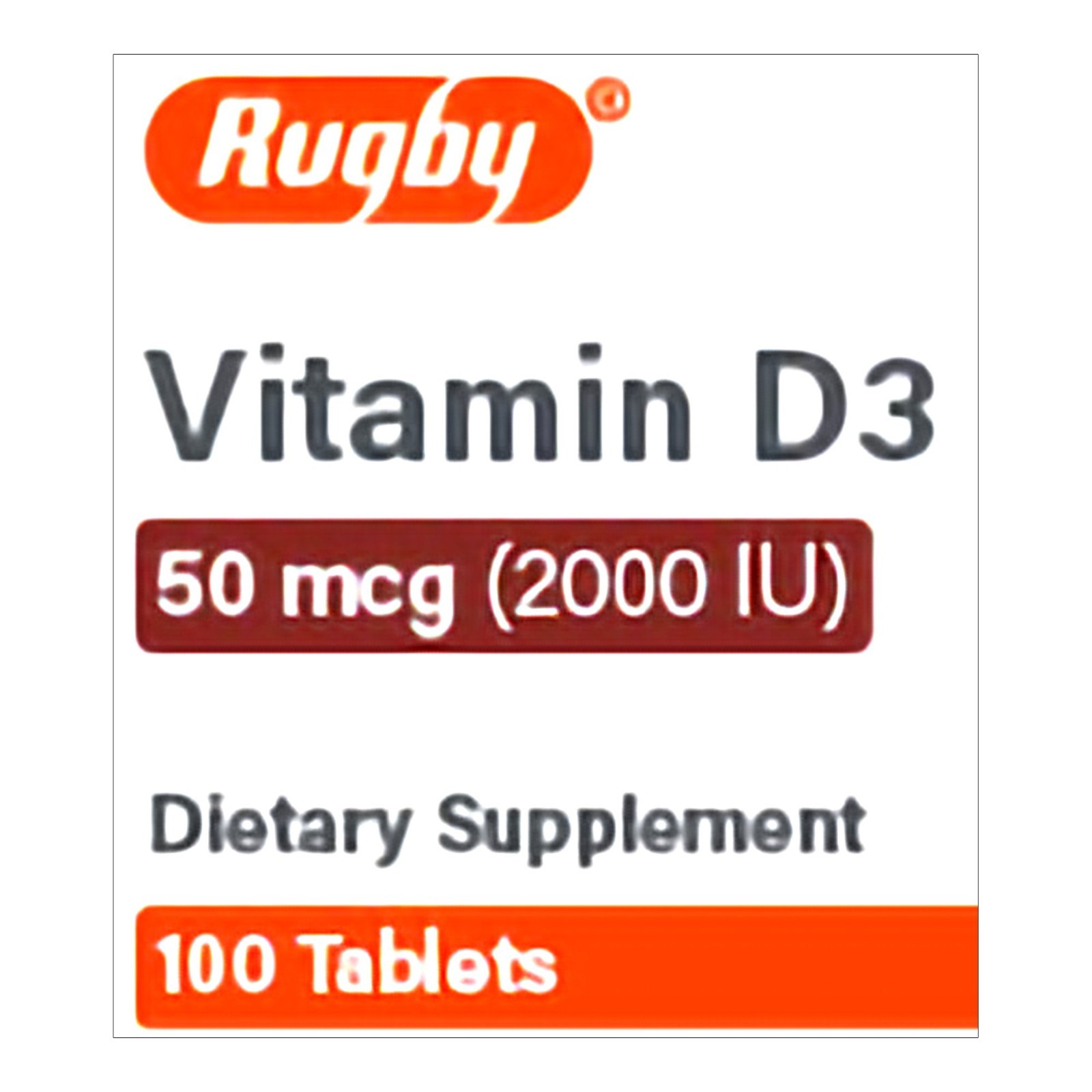 Rugby Vitamin D3 50 mcg 2000 IU, Tablet Dietary Supplement Daily Vitamin D, 100