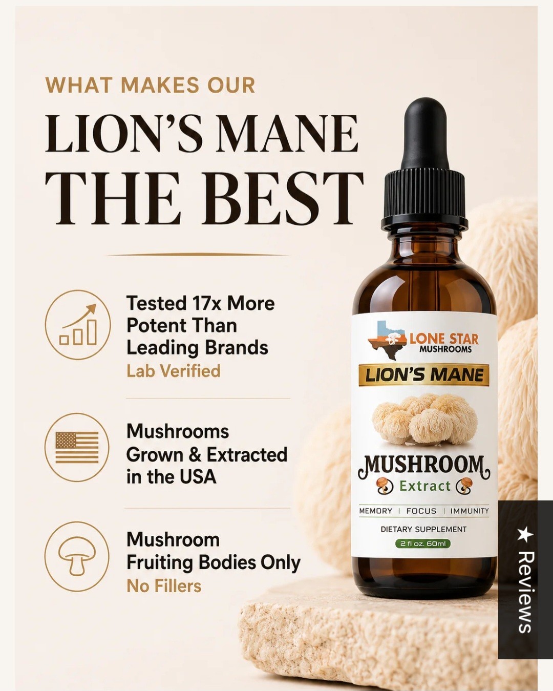 Lone Star Mushrooms Lion’s Mane Extract Drops No Fillers 2 fl oz Unflavored