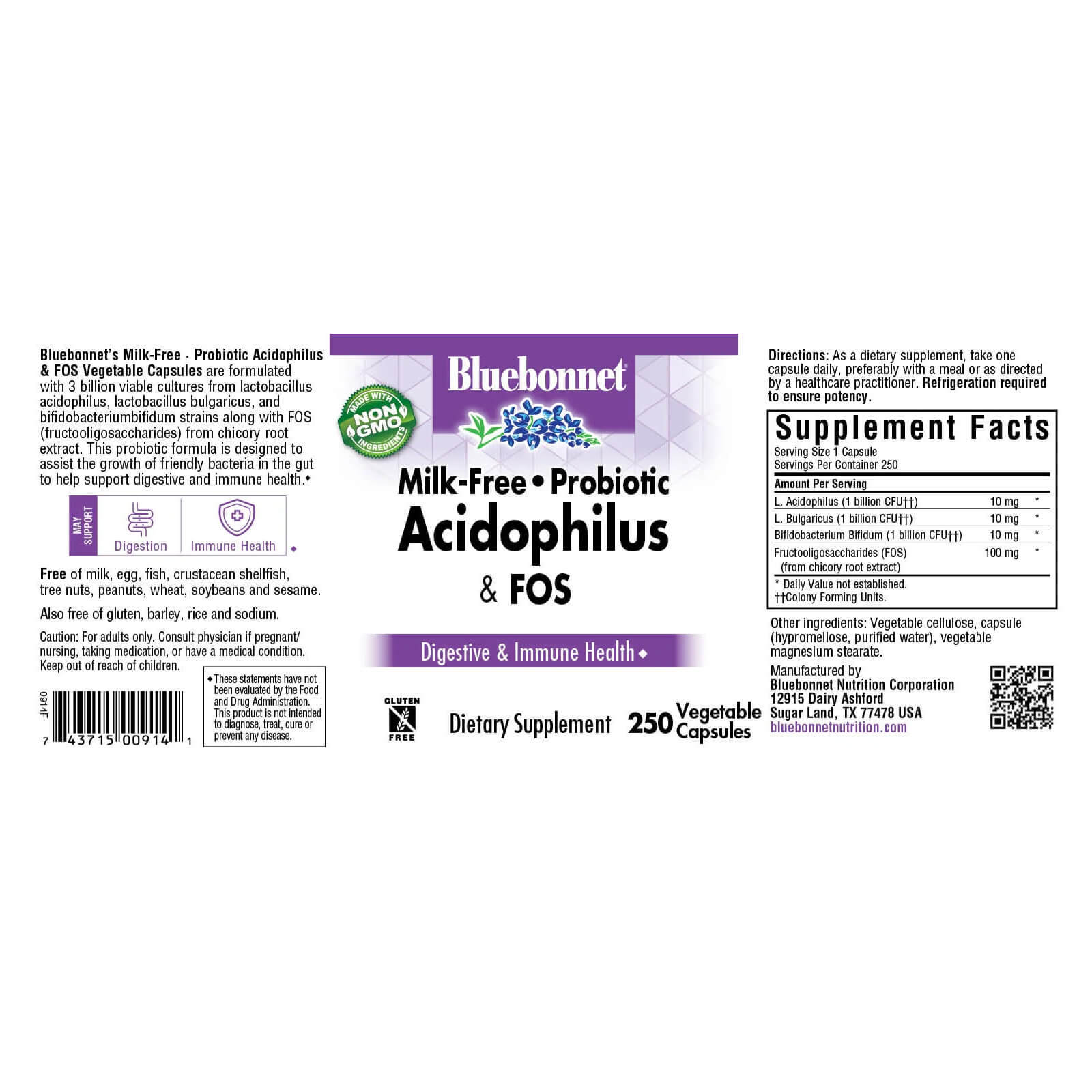 Bluebonnet Milk-Free Probiotic Acidophilus & Fos 250 Veg Capsules