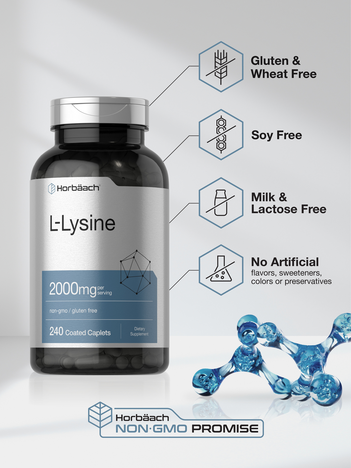 L-Lysine 2000mg | 240 Caplets | Vegetarian, Non-GMO, Gluten Free | by Horbaach
