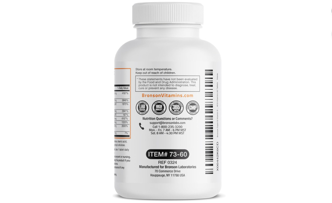 Bronson Super B Vitamin B Complex Sustained Release for Energy, 60 Tablets | B1,
