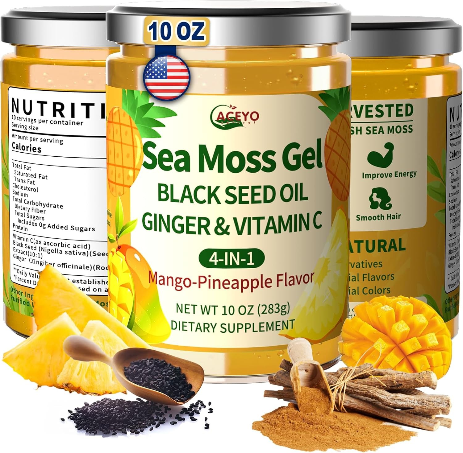 ACEYO Sea Moss Gel 4-in-1 Mango Pineapple Vegan Superfood 10oz
