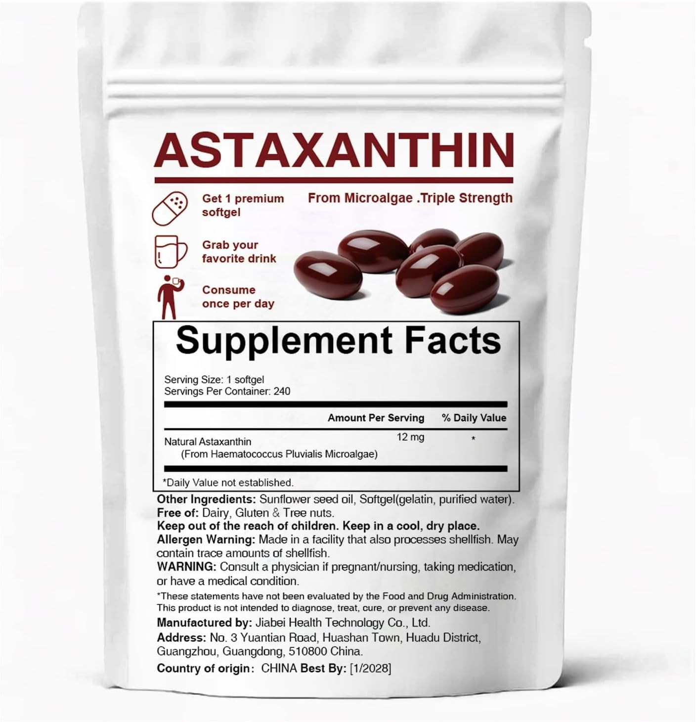 Rovina Astaxanthin, Baleno Astaxanthin 12Mg Antioxidant Supplement for Daily Wel