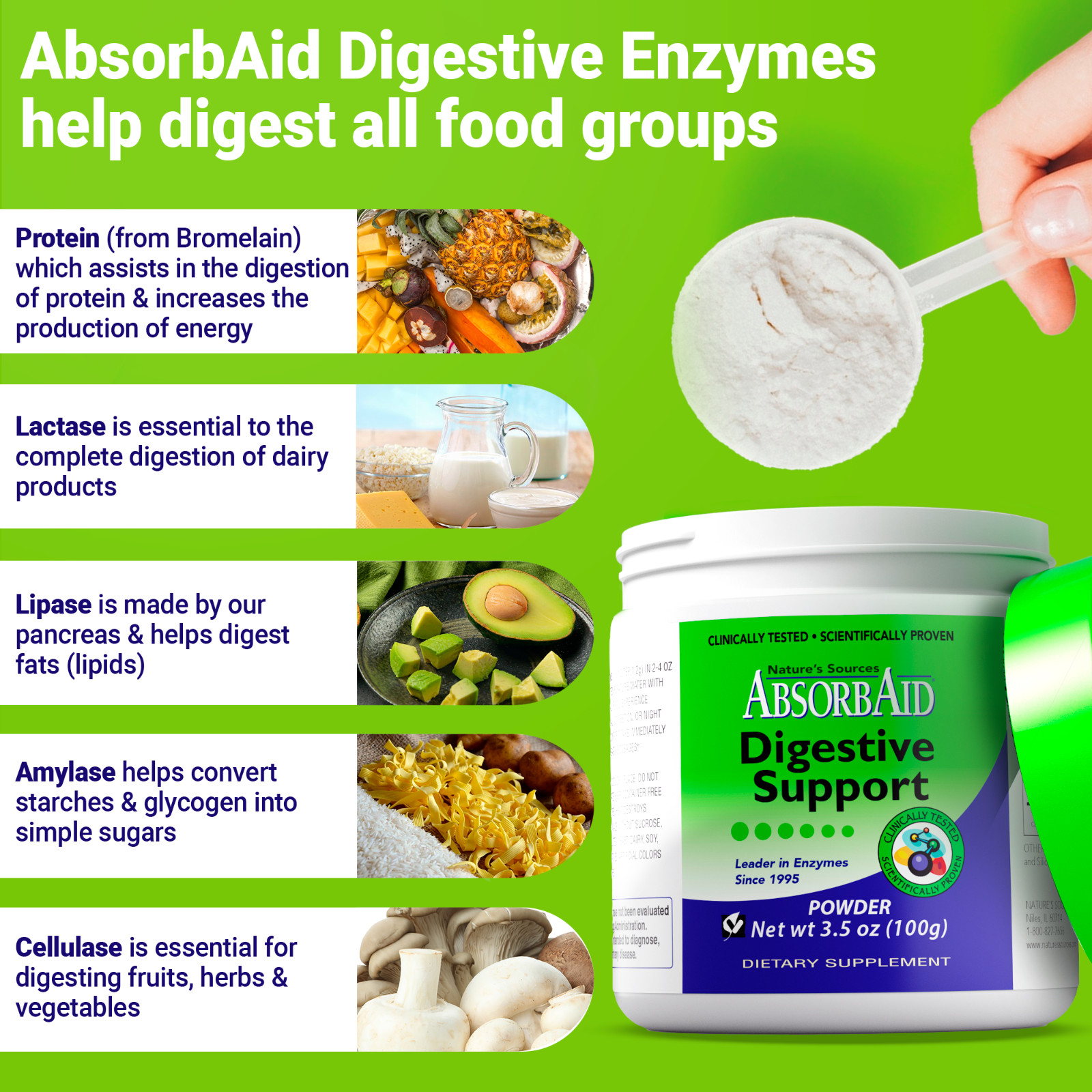 AbsorbAid 100g Powder -Natural Digestive Enzymes for gas, bloating & acid reflux