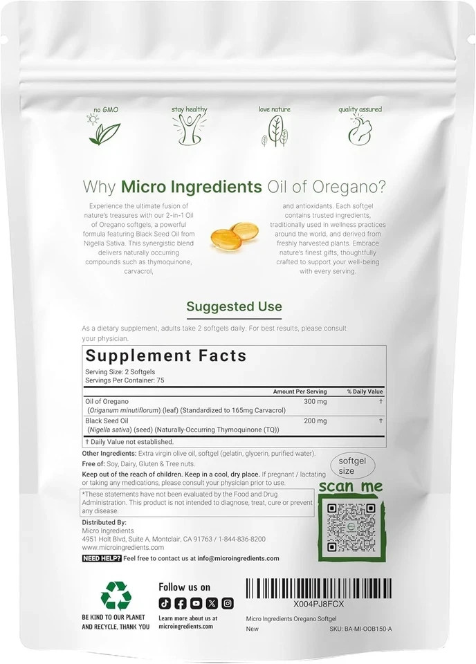 Micro Ingredients Oil of Oregano & Black Seed Oil – 150 Softgels, 2‑Pack