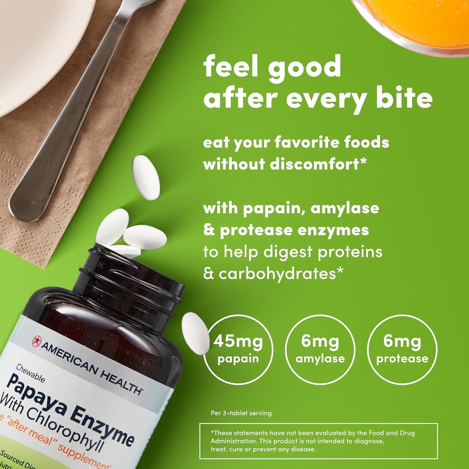 Natural Papaya Enzyme & Chlorophyll, 250 Chewable Tablets for Digestive Support