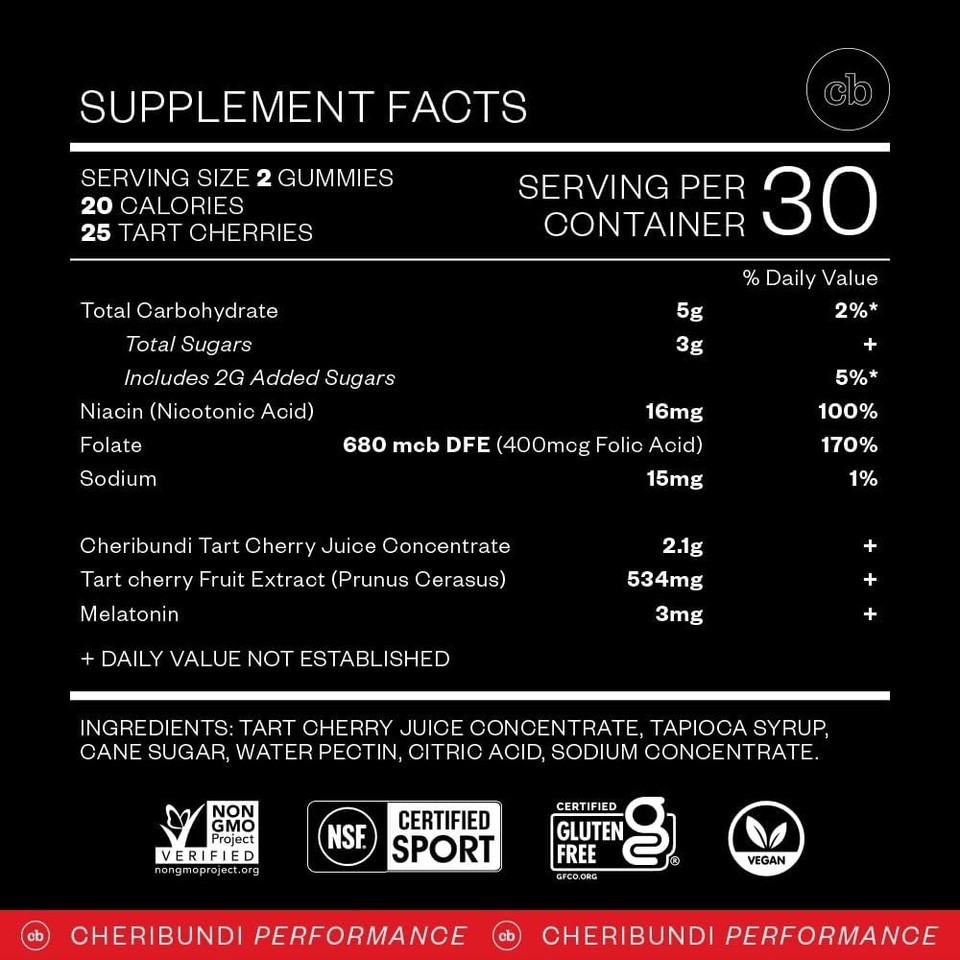 Cheribundi Performance Sleep Tart Cherry Gummies + Melatonin 60 Gummies Exp10/26