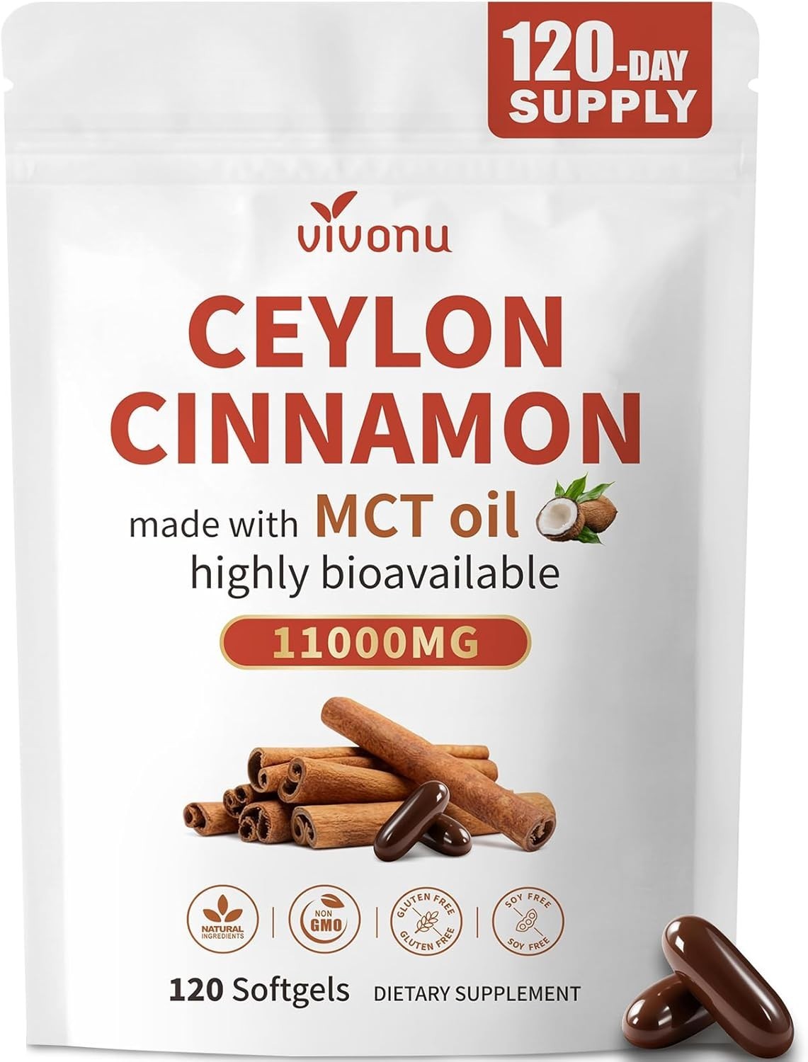 120 Count Bioavailable Ceylon Cinnamon & MCT Oil Softgels for Metabolism Boost