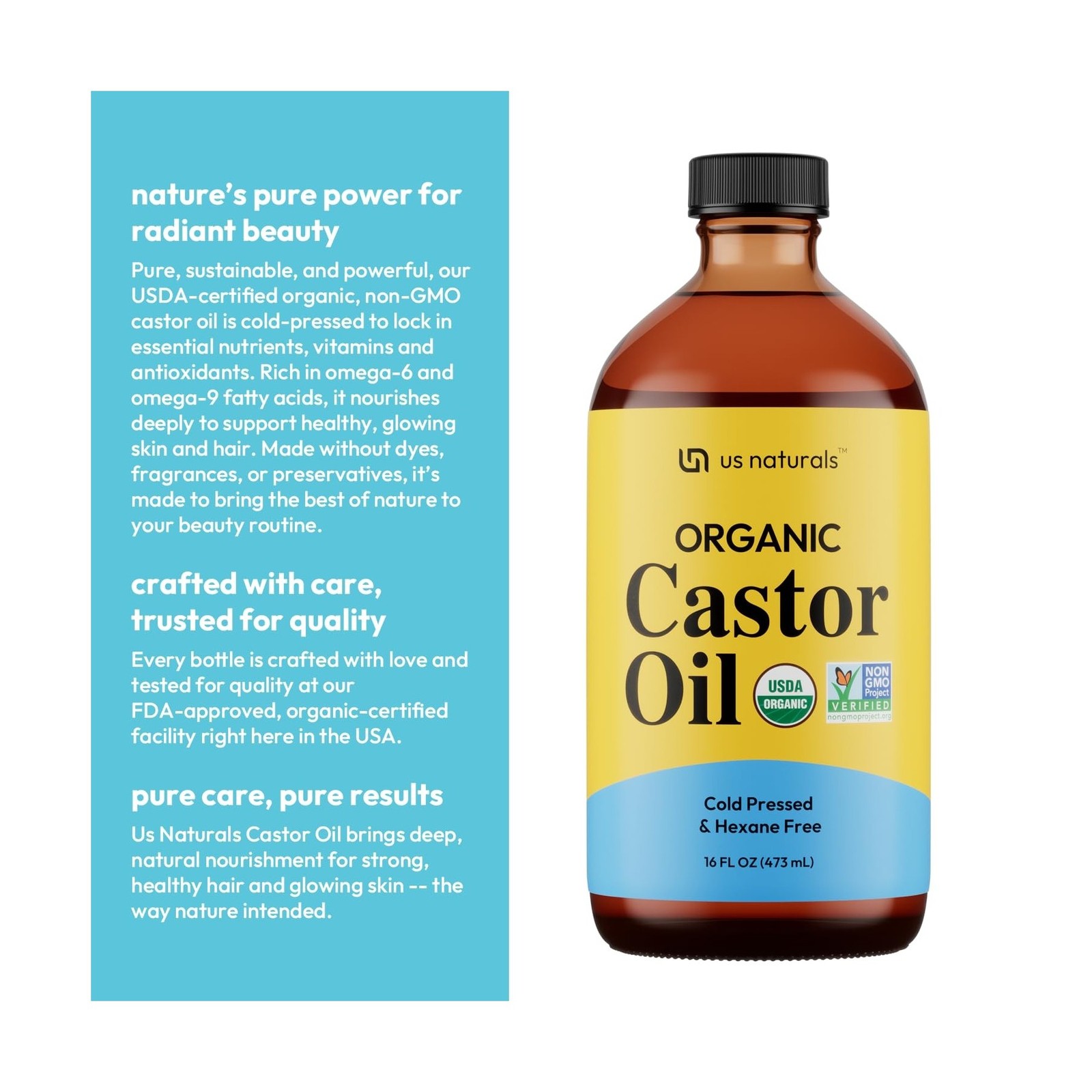 Us Naturals 16oz Organic Castor Oil – Glass Bottle – USDA Certi… F