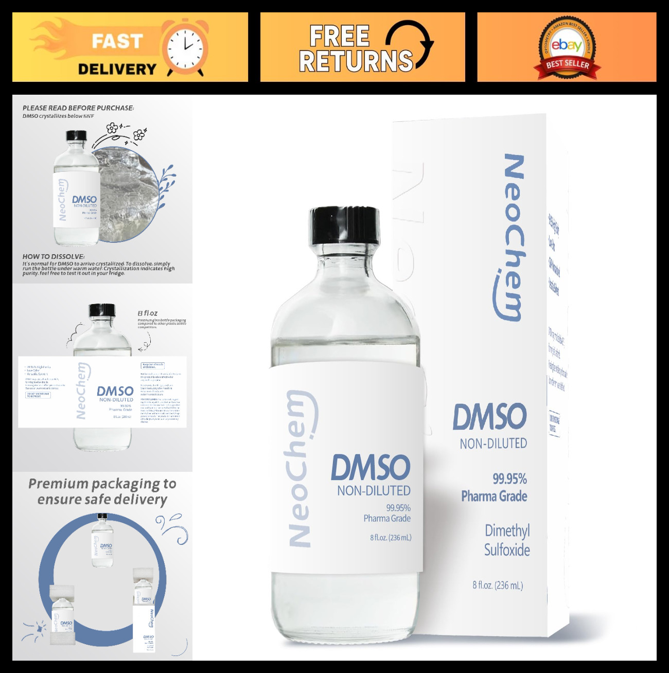 99.95% Pure DMSO Liquid 8 oz | Undiluted & Odorless | Premium Glass Bottle