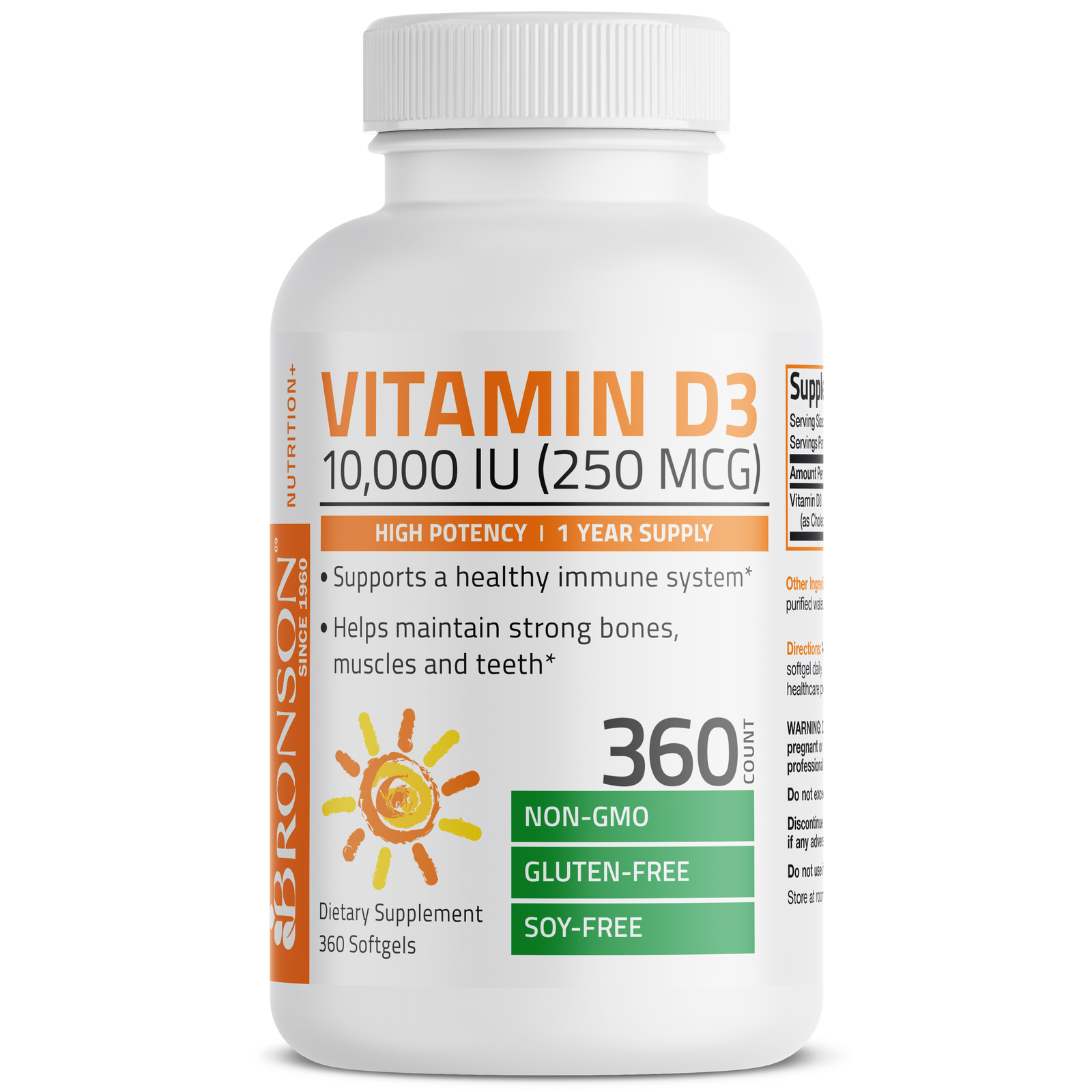 Vitamin D3 10,000 IU (250 mcg) High Potency Non GMO 360 Softgels (1 Year Supply)