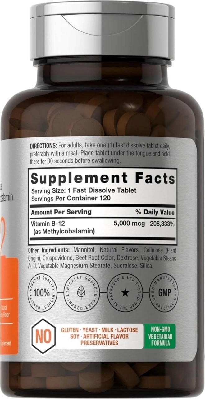 B12 Sublingual Methylcobalamin | 5000mcg | 120 Dissolvable Tablets | by Horbaach