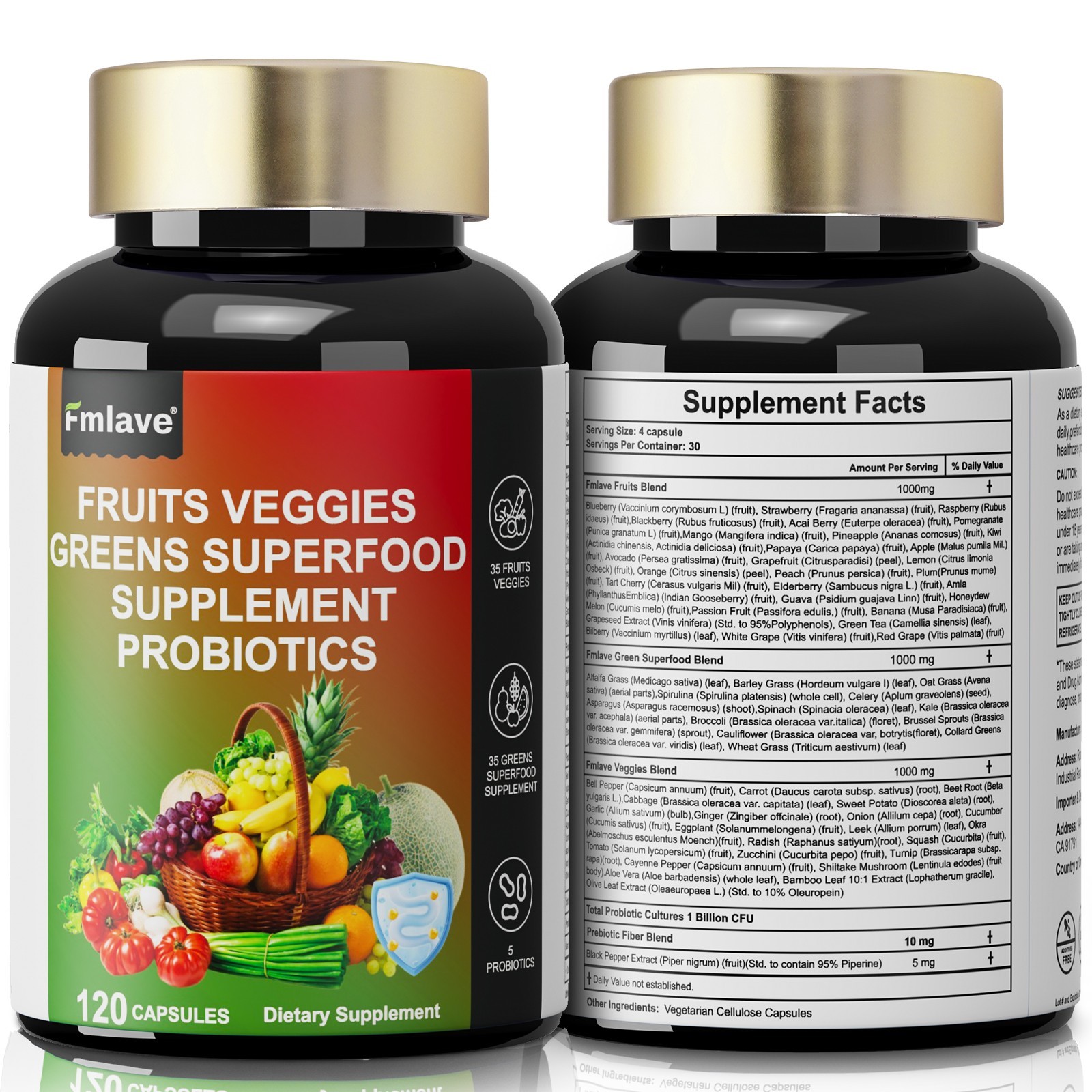 4pc 70 Fruits and Veggies Whole Food Supplement, Superfood & 5 Probiotic Strains