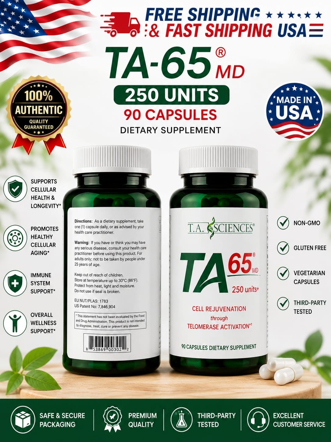 TA-65 Telomere Activation Rejuvenation Supplement, DNA Repair, Stem Cell 90 Caps