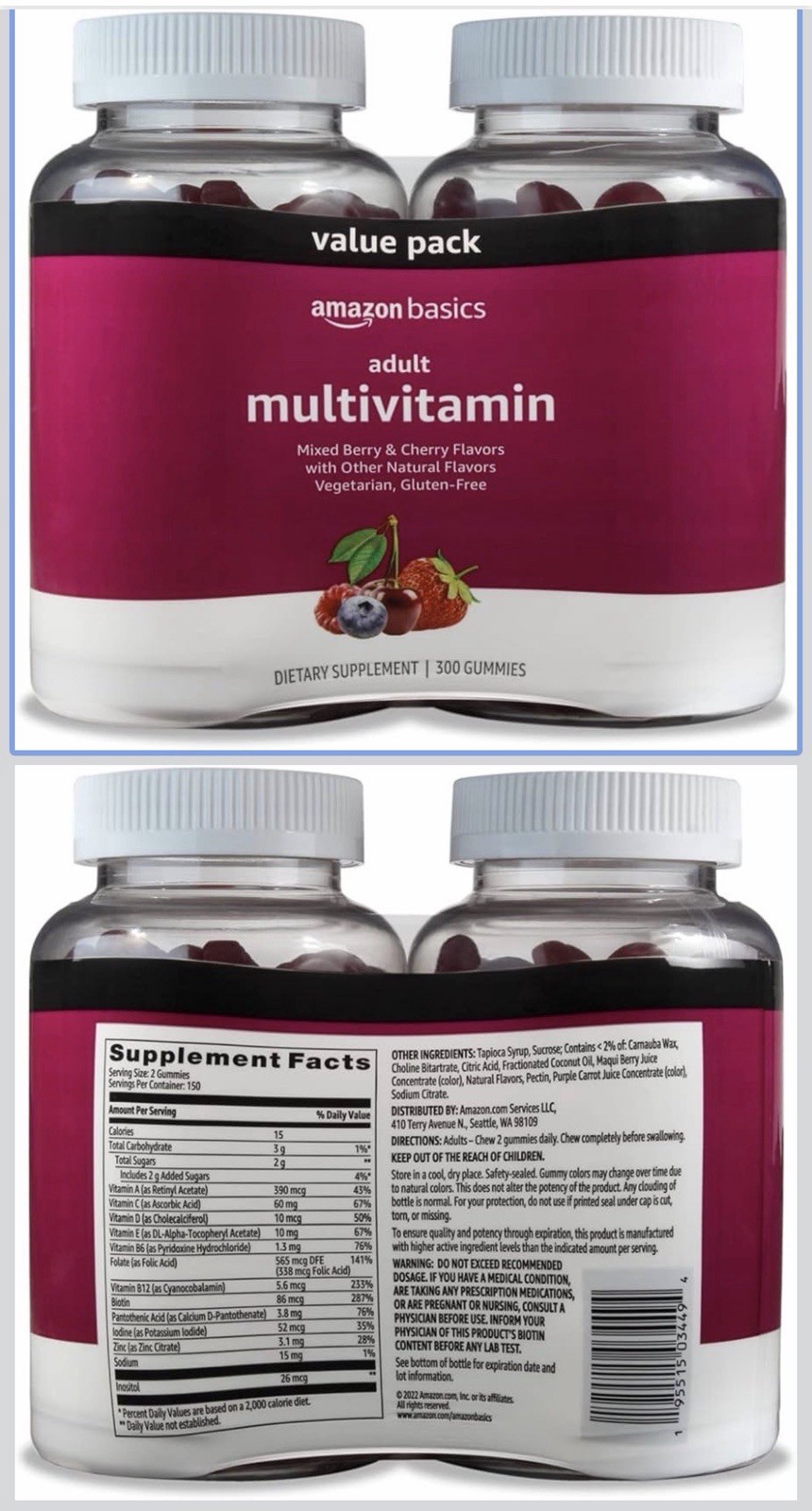 Amazon Basics Adult Multivitamin for Men & Women, 300 Gummies with Vitamins A,