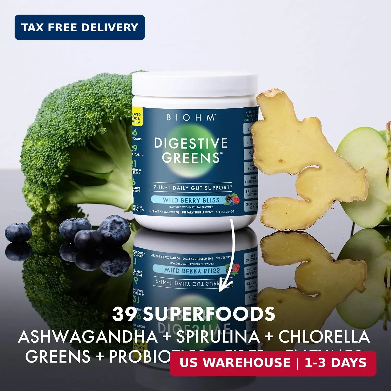 Digestive Greens, Green Superfood Powder (7.4 Oz, 30 Servings) Immune & Gut Heal