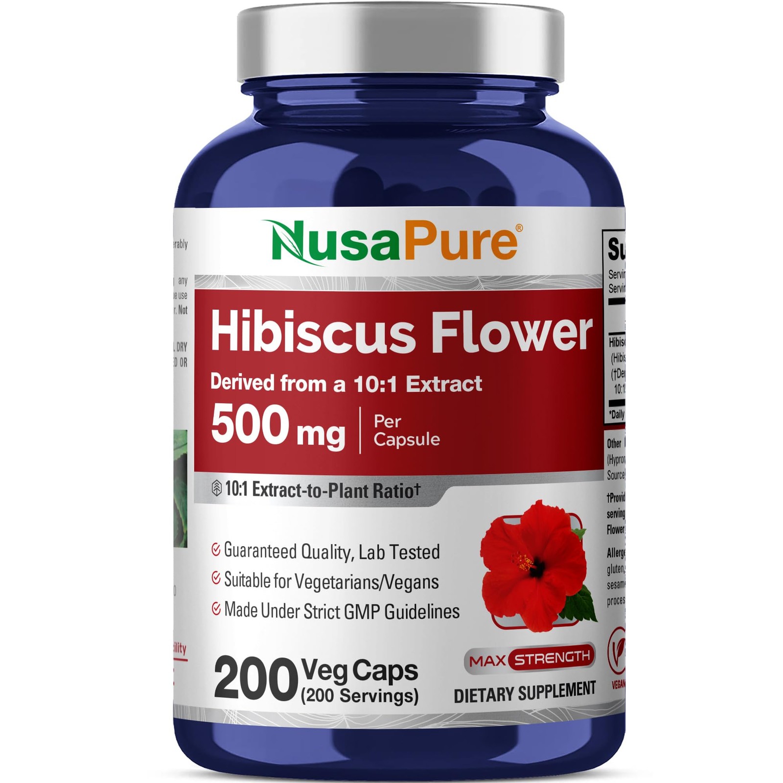 Hibiscus Flower Capsules, 500 mg, 200 Veg 200 Count (Pack of 1)