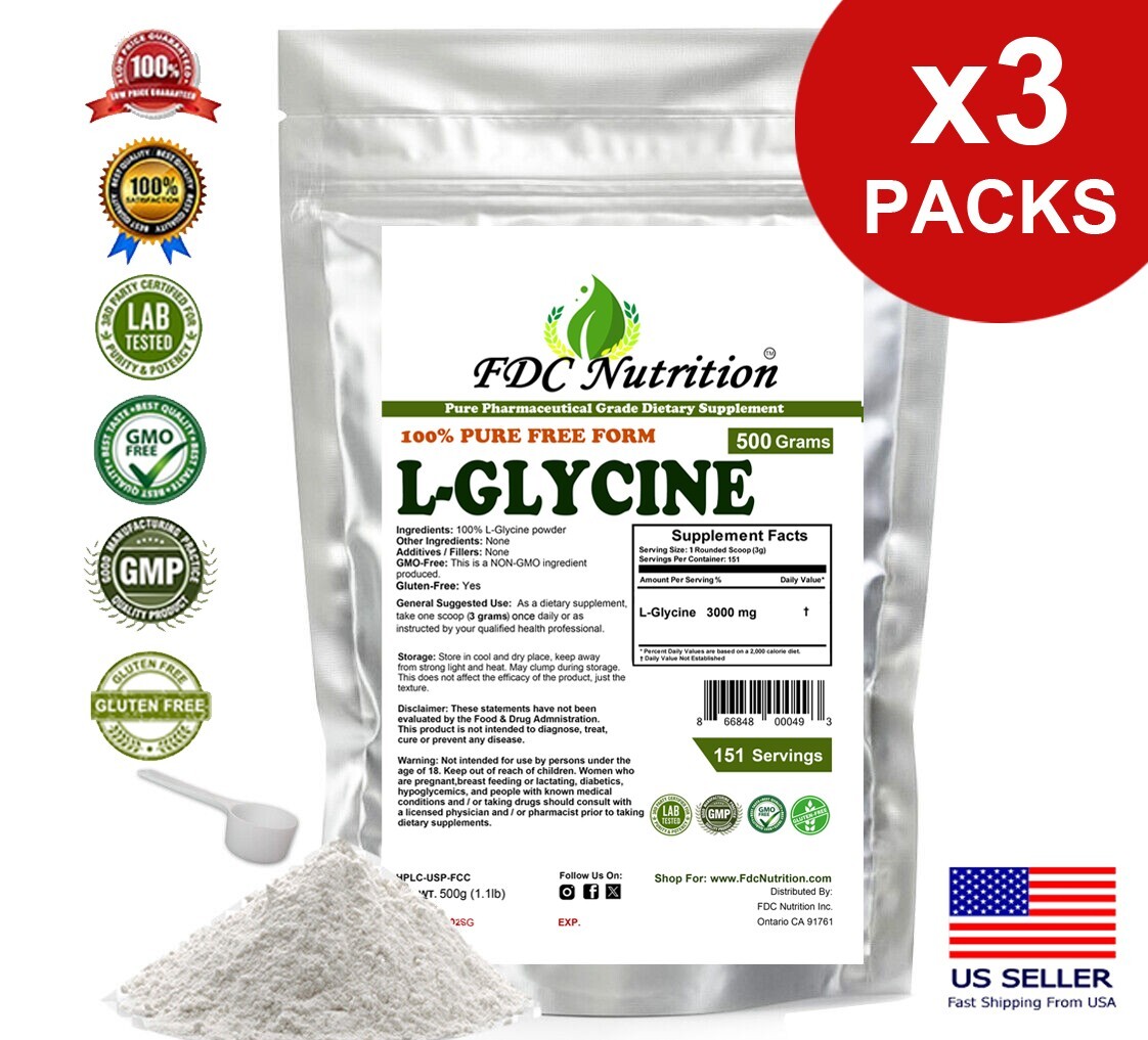 FDC NUTRITION PURE Glycine Powder 1lb – Non-GMO, Gluten Free (3 PACKS)