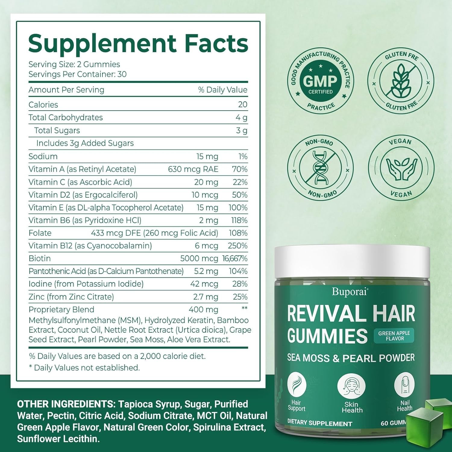 Hair Growth Gummies, Buporai Revival, Sea Moss Biotin with Pearl Powder, 60 Gums