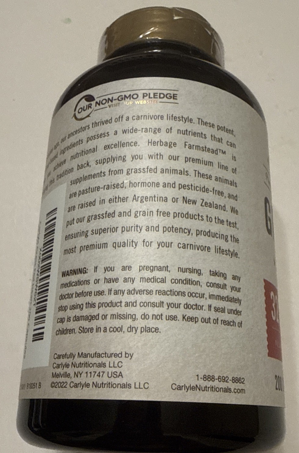 CARLYLE GRASS FED HEART-3200 MG 200 Capsules New. Exp-12/28