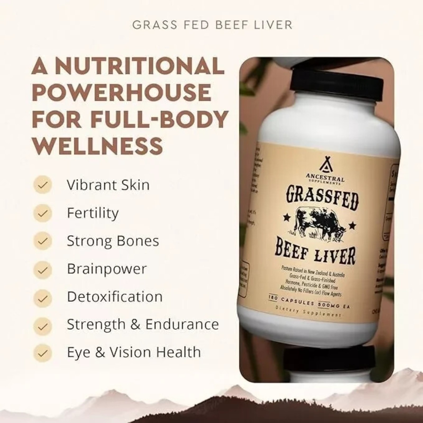 Ancestral Supplements Grassfed Beef Liver – 180 Capsules 500mg EA free shipping