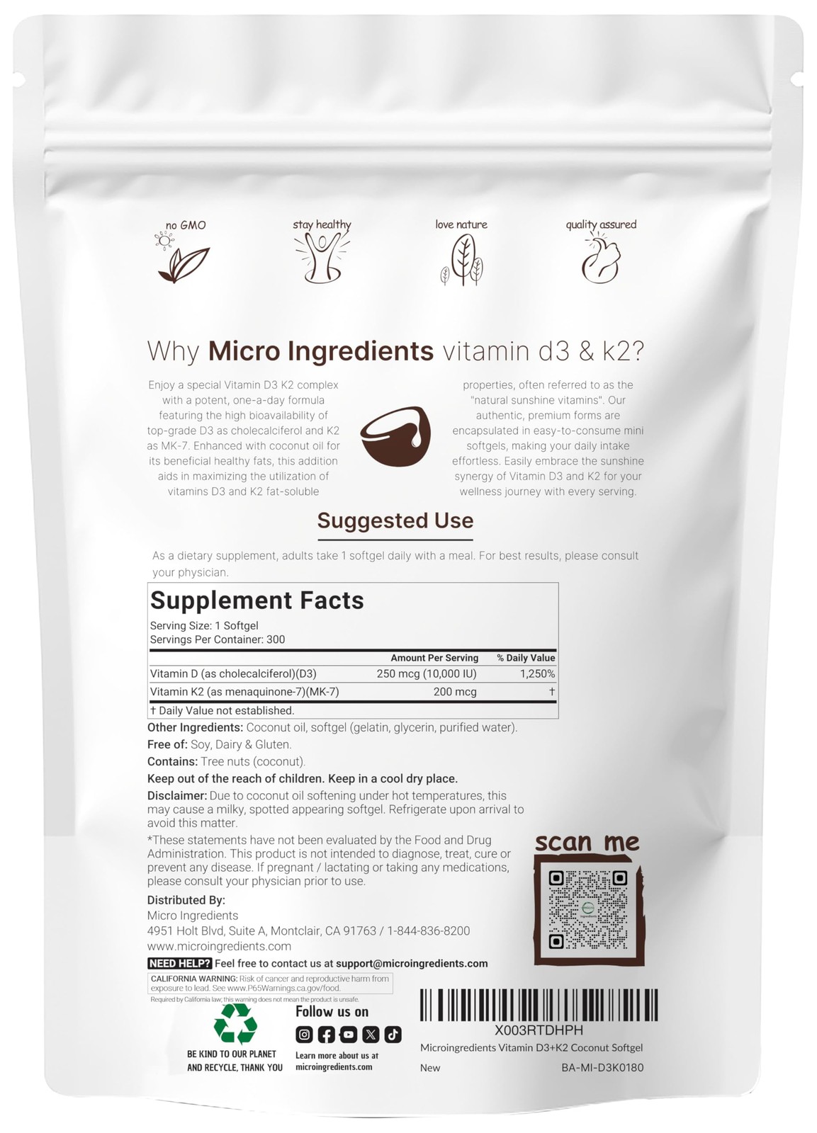 Micro Ingredients Vitamin D3 10,000 IU + K2 MK-7 200 300 Count (Pack of 1)