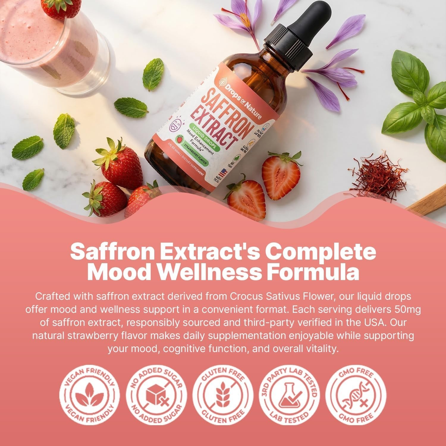 Saffron Extract Liquid Drops for Mood & Mind -Strawberry Flavor 2 fl oz 50mg