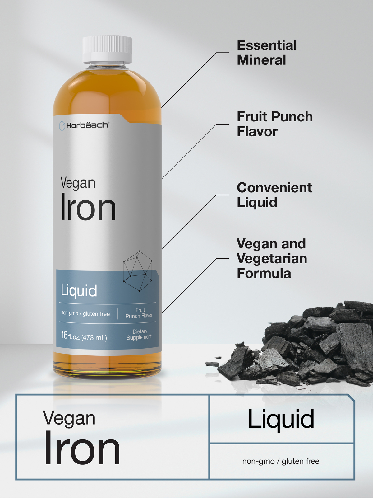 Liquid Iron Suppplement | 16 Fl Oz | Vegan | Fruit Punch Flavor | by Horbaach