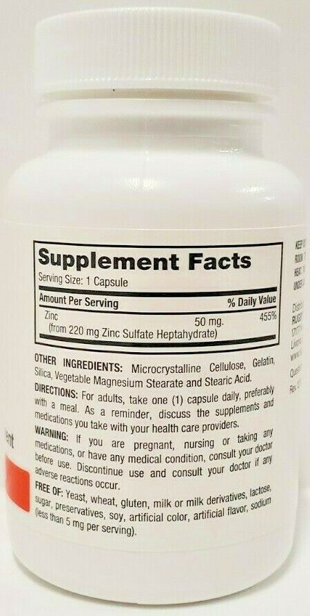 Rugby Zinc 50 mg (Zinc Sulfate 220mg) 100 Capsules Each -Expiration Date 03-2024