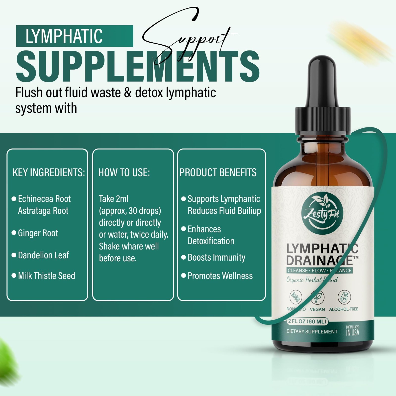 Organic Lymphatic Drainage Drops 11-in-1 Detox Support Liquid, Vegan, Non-GMO, 2