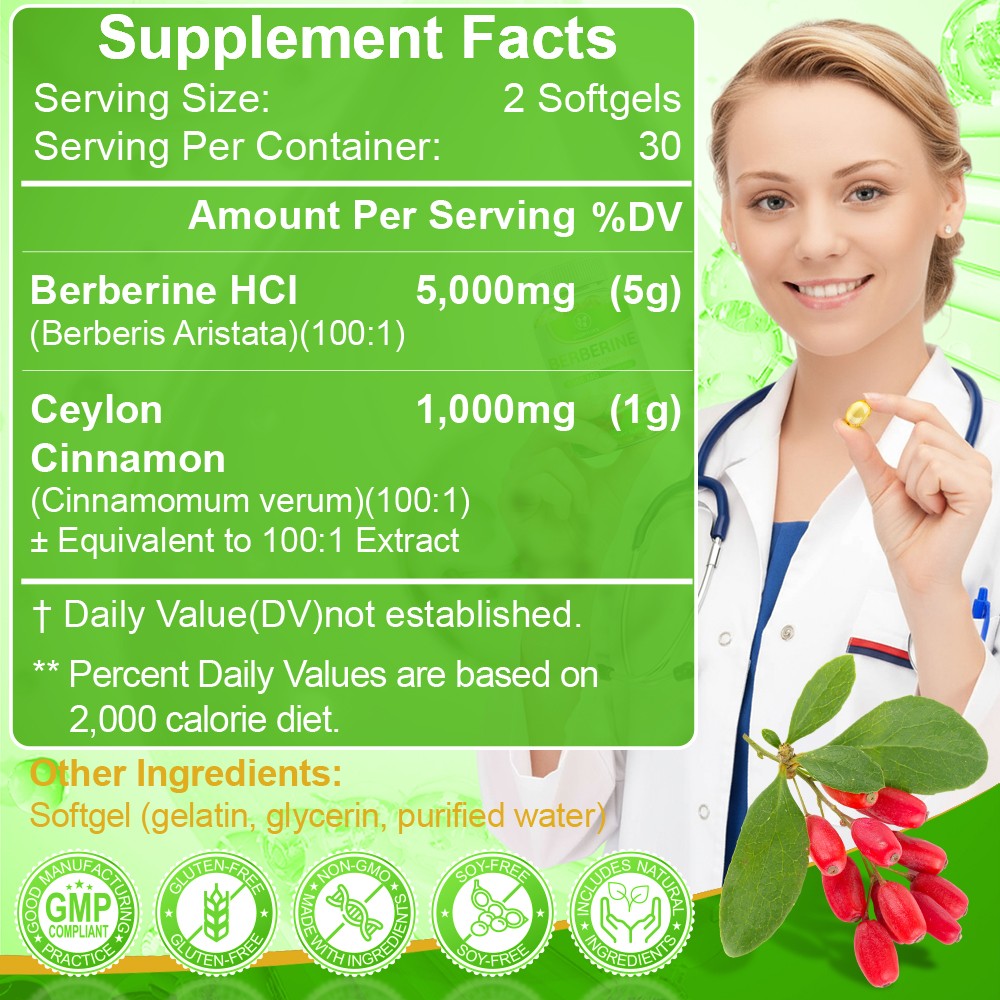 1-3 Packs Berberine HCL 5000mg 60 Caps Premium Metabolic Health Supplement