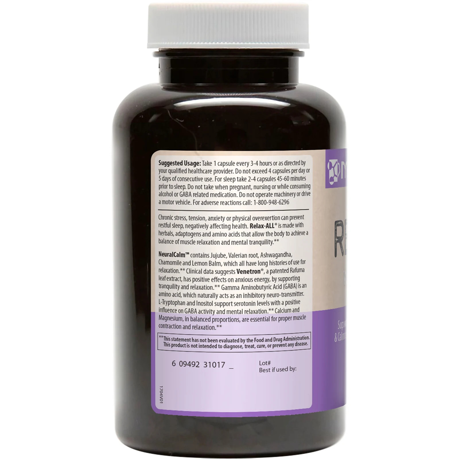 MRM Relax-All with Venetron 60 Vegan Capsules Egg-Free, Fish Free, Gluten-Free,