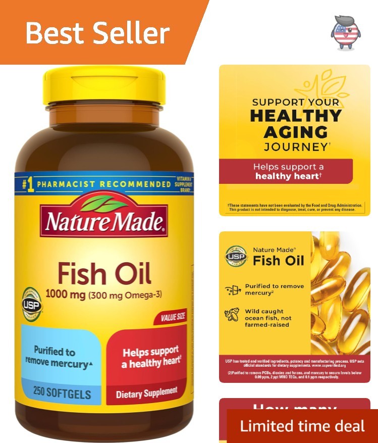 1000mg Omega 3 Fish Oil Supplements – 250 Softgels for Heart Health Support