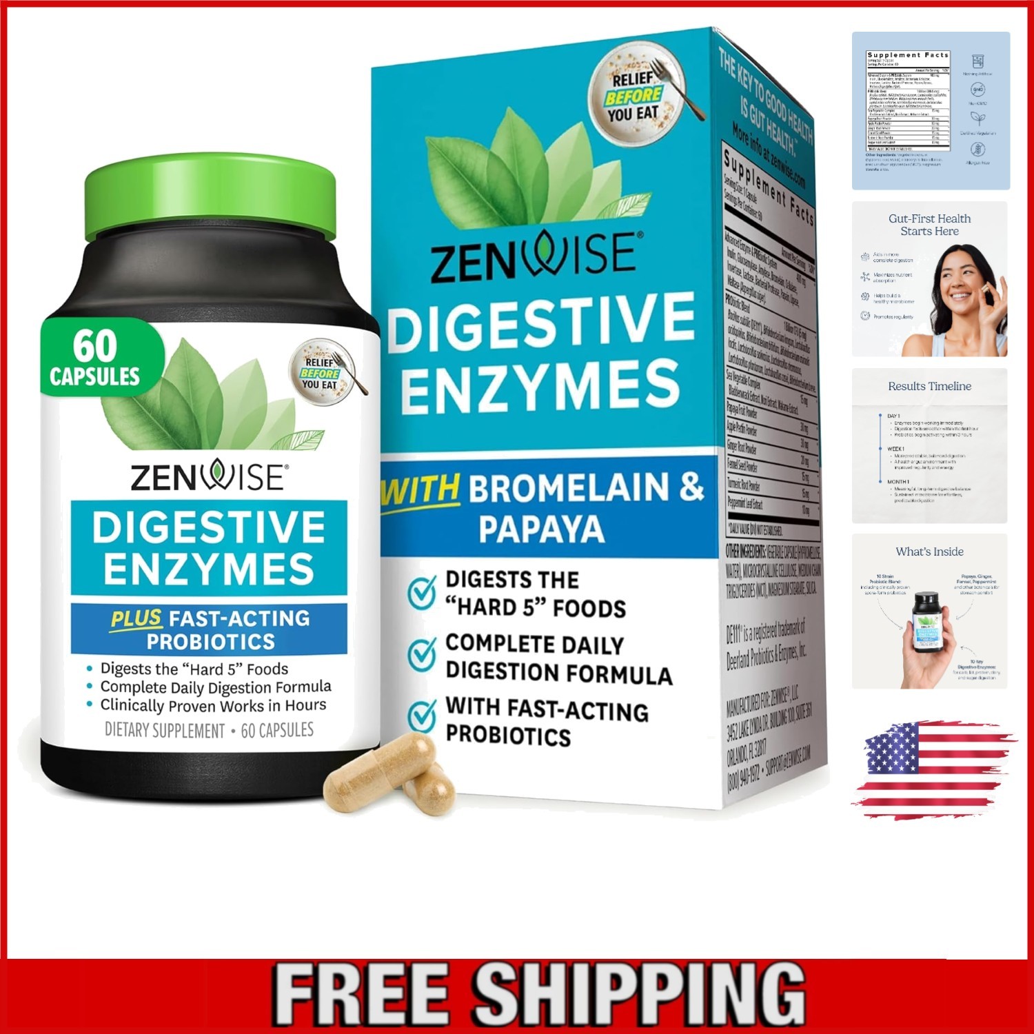 3-in-1 Digestive Health Supplement with Multi Enzymes & Probiotics – 60 Count