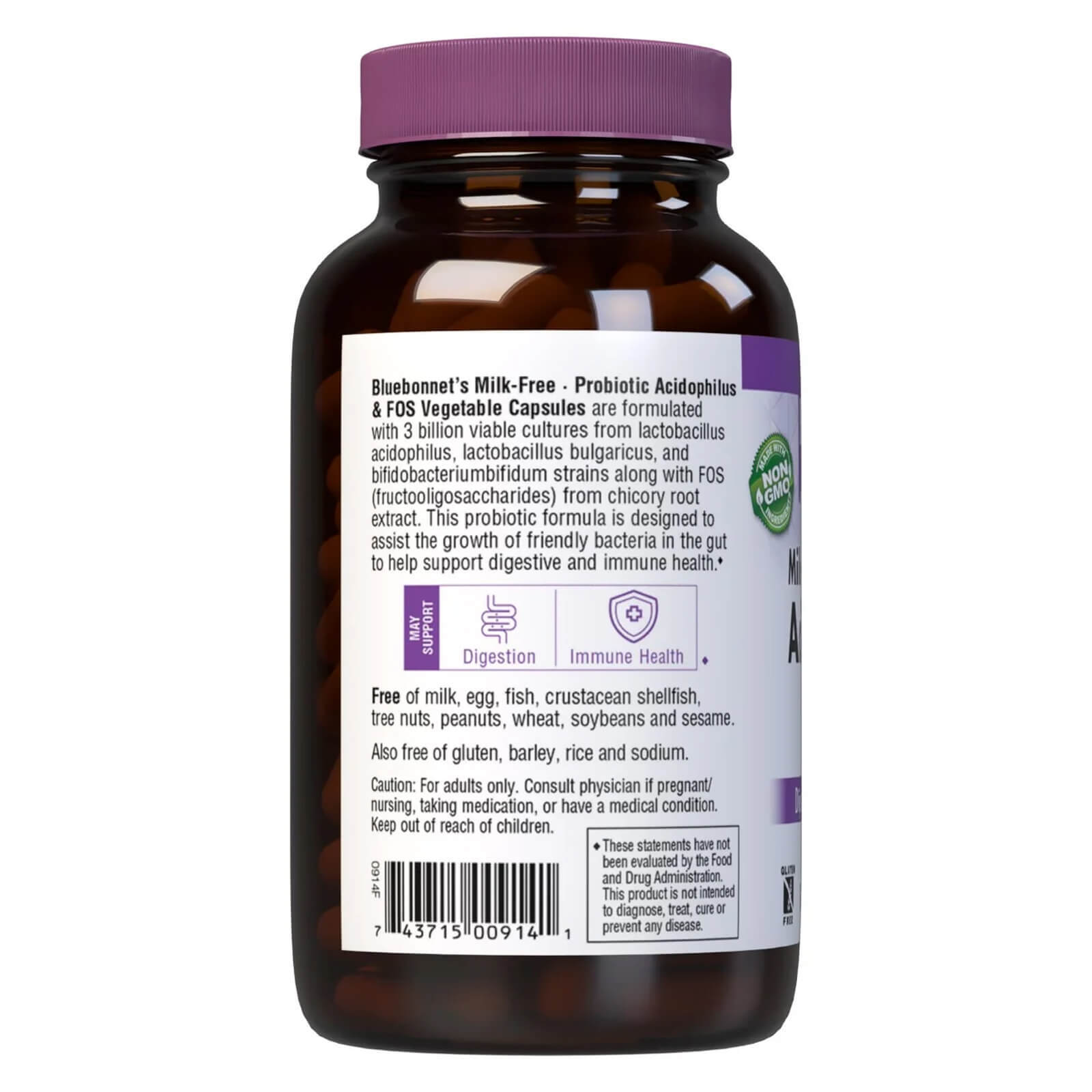 Bluebonnet Milk-Free Probiotic Acidophilus & Fos 250 Veg Capsules