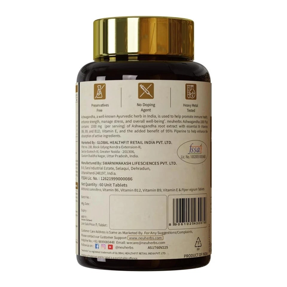 Ashwagandha 1000mg Tablets | Manage Anxiety & Stress Relief | N043