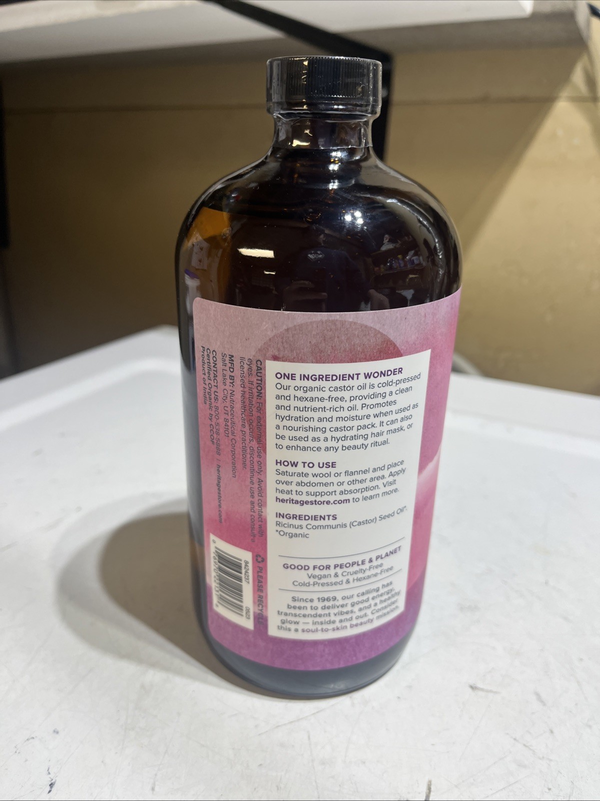 Heritage Store Organic Castor Oil, 32 fl oz Sealed Exp 7/27 Hexane Free Glass