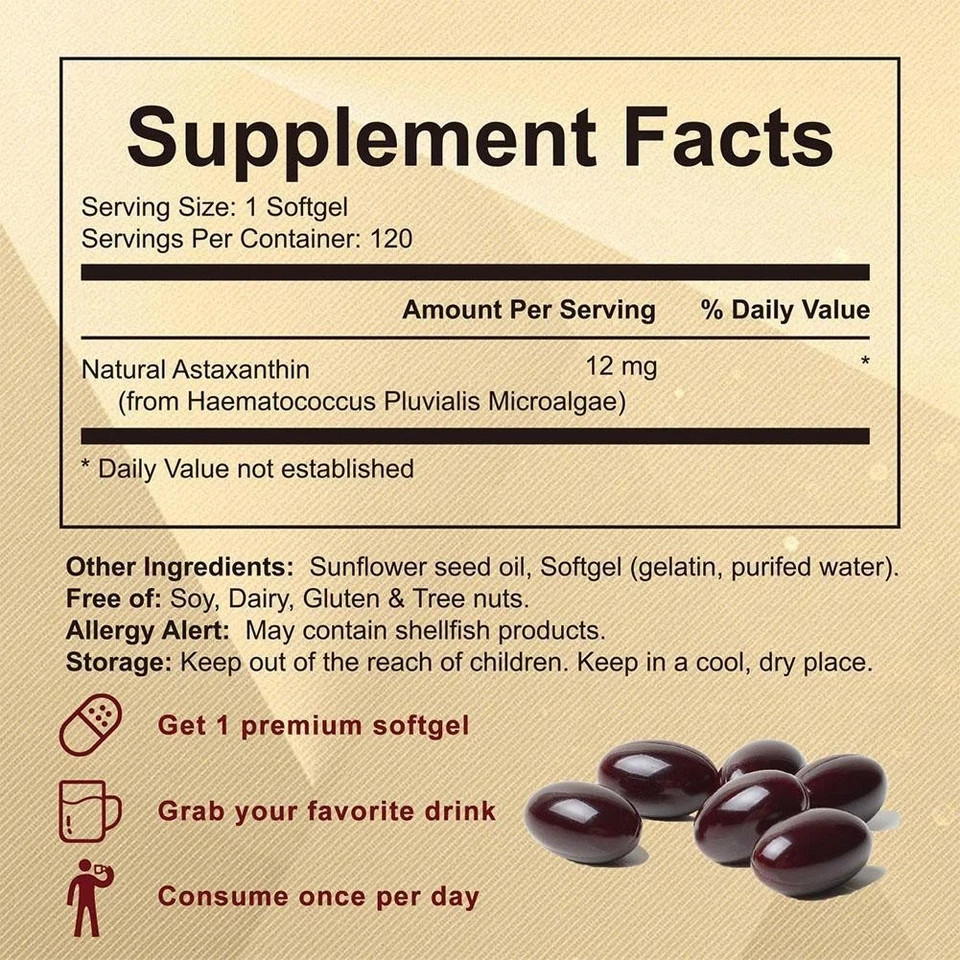 Astaxanthin 12mg,Micro Ingredients, Natural Antioxidant, Easy to Swallow