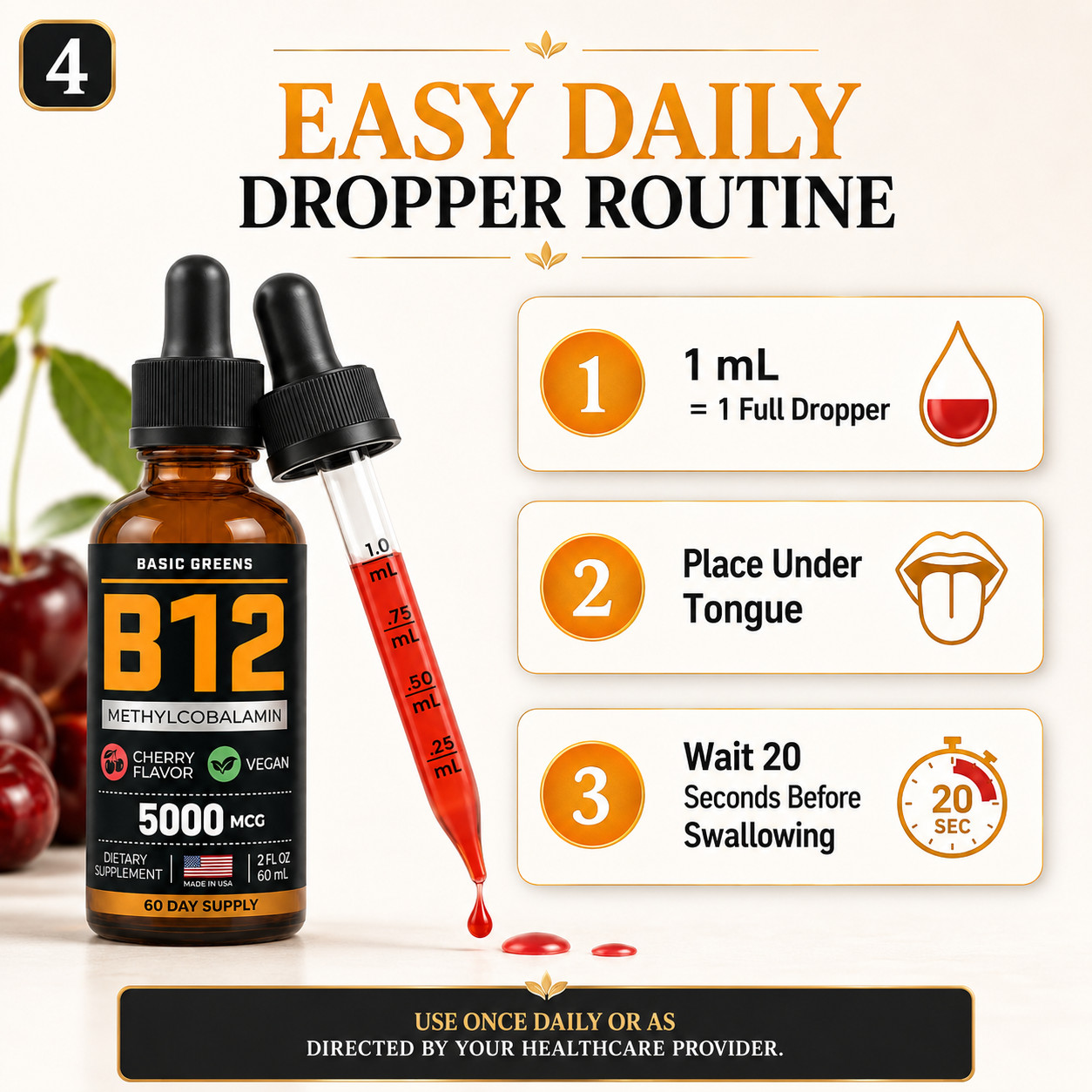 BASIC GREENS B12 Liquid Drops 5000mcg Sublingual Methylcobalamin Vegan 2oz
