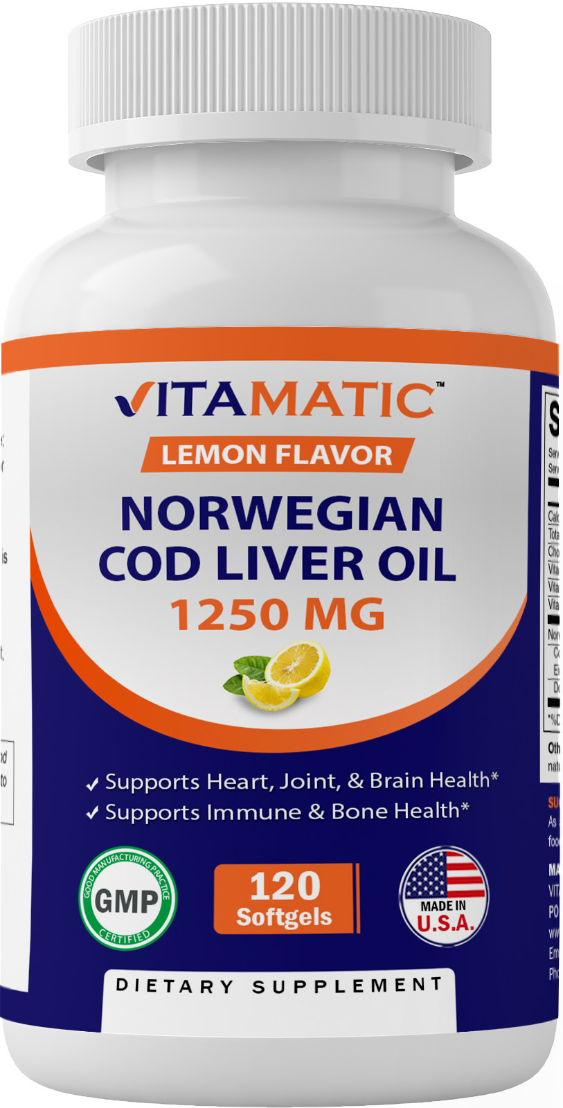 Vitamatic Norwegian Cod Liver Oil 1250mg 120 Softgels (Lemon Flavor)