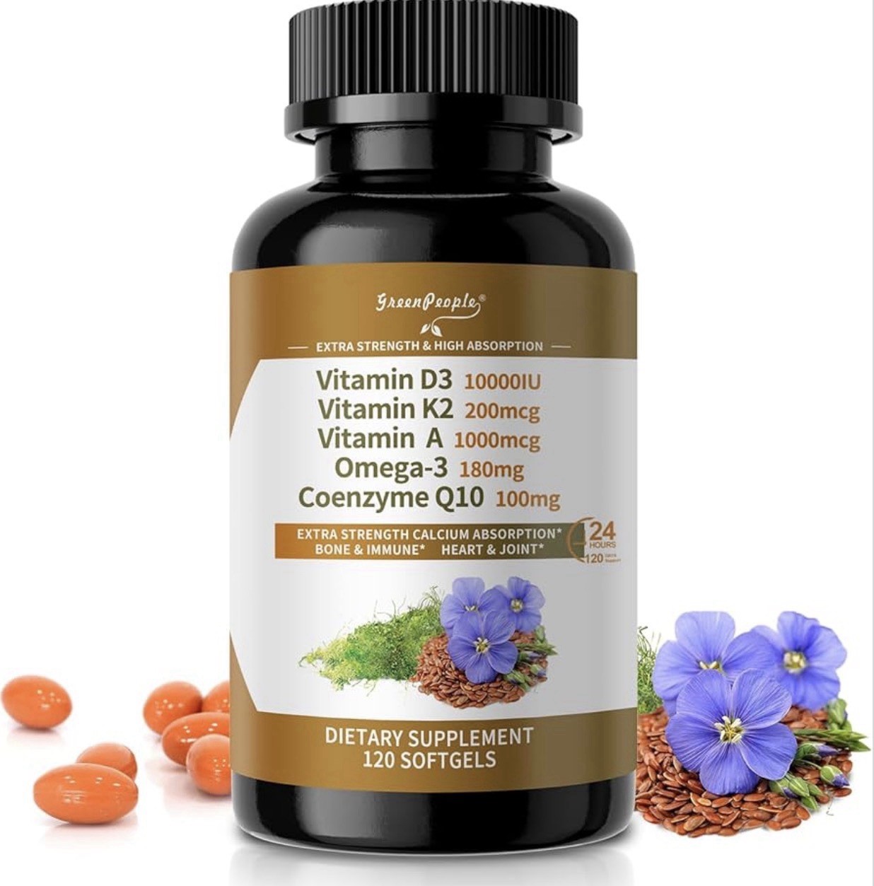 Vitamin D3 K2 Softgel 5-in-1 1000iu, 200 Mcg, Omega-3, CoQ10 – 120 Softgels