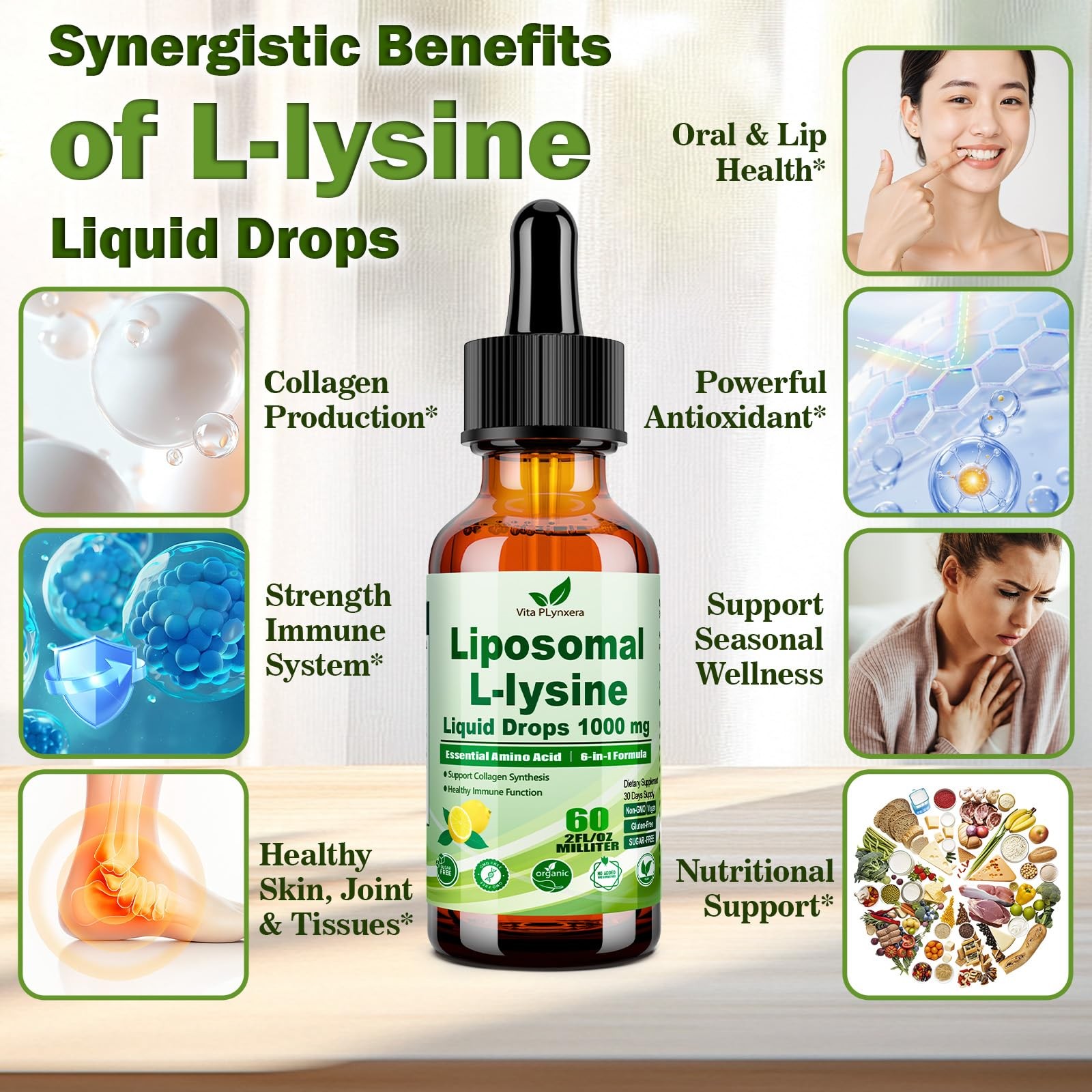 L-Lysine 1000mg Liquid Drops w. Monolaurin Olive Leaf 2 Fl Oz (Pack of 1)