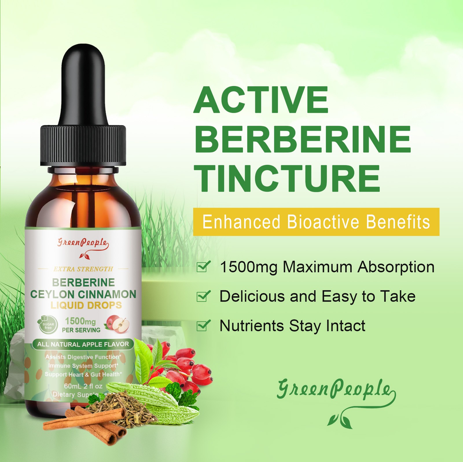 Berberine Liquid Drops 120ml – 1500mg with Ceylon Cinnamon for Heart Health