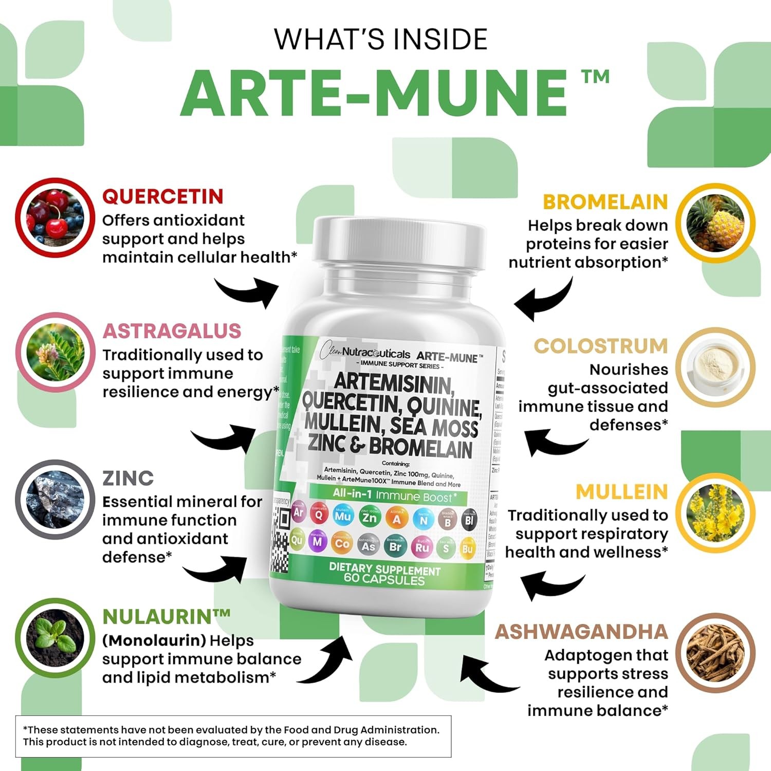 Clean Nutraceuticals Artemisinin Quercetin Zinc Mullein Quinine Supplement with