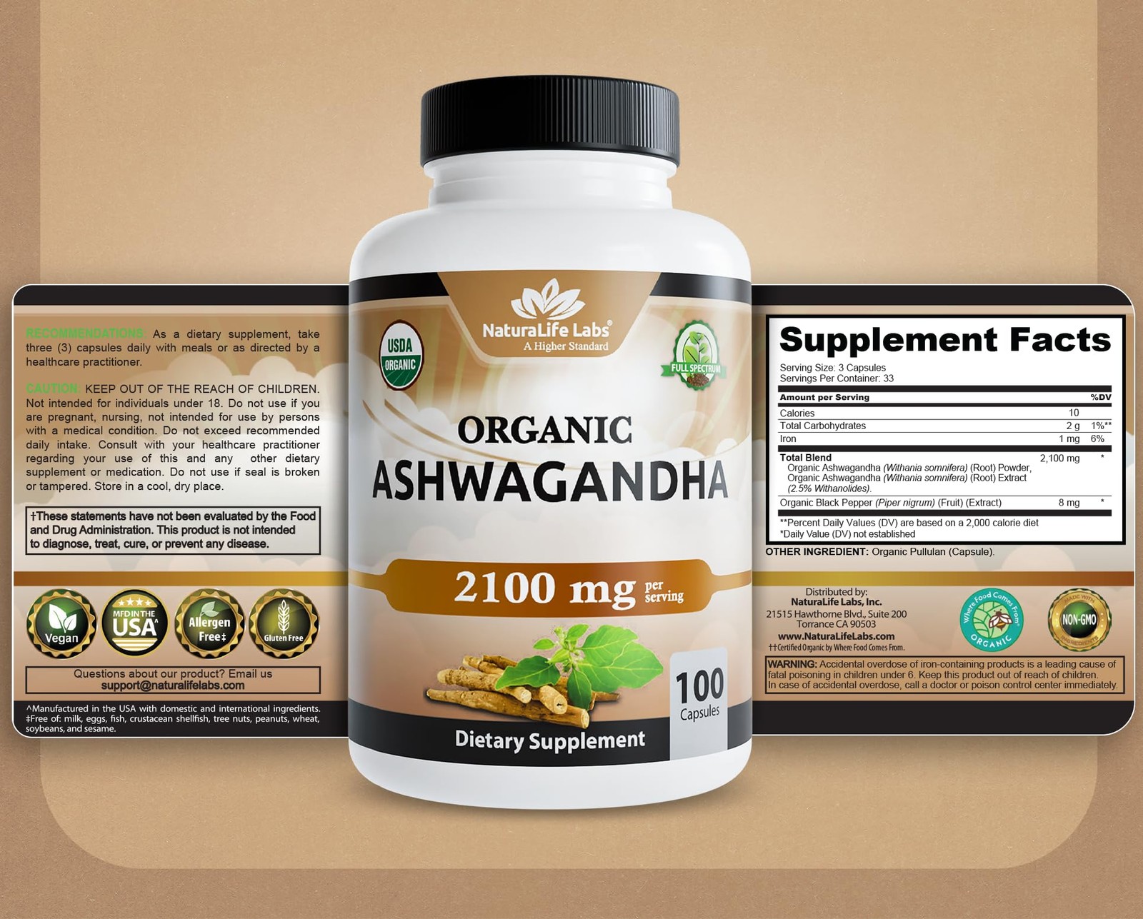 NaturaLife Labs Organic Ashwagandha 2100 mg per Serving 100 Count (Pack of 1)