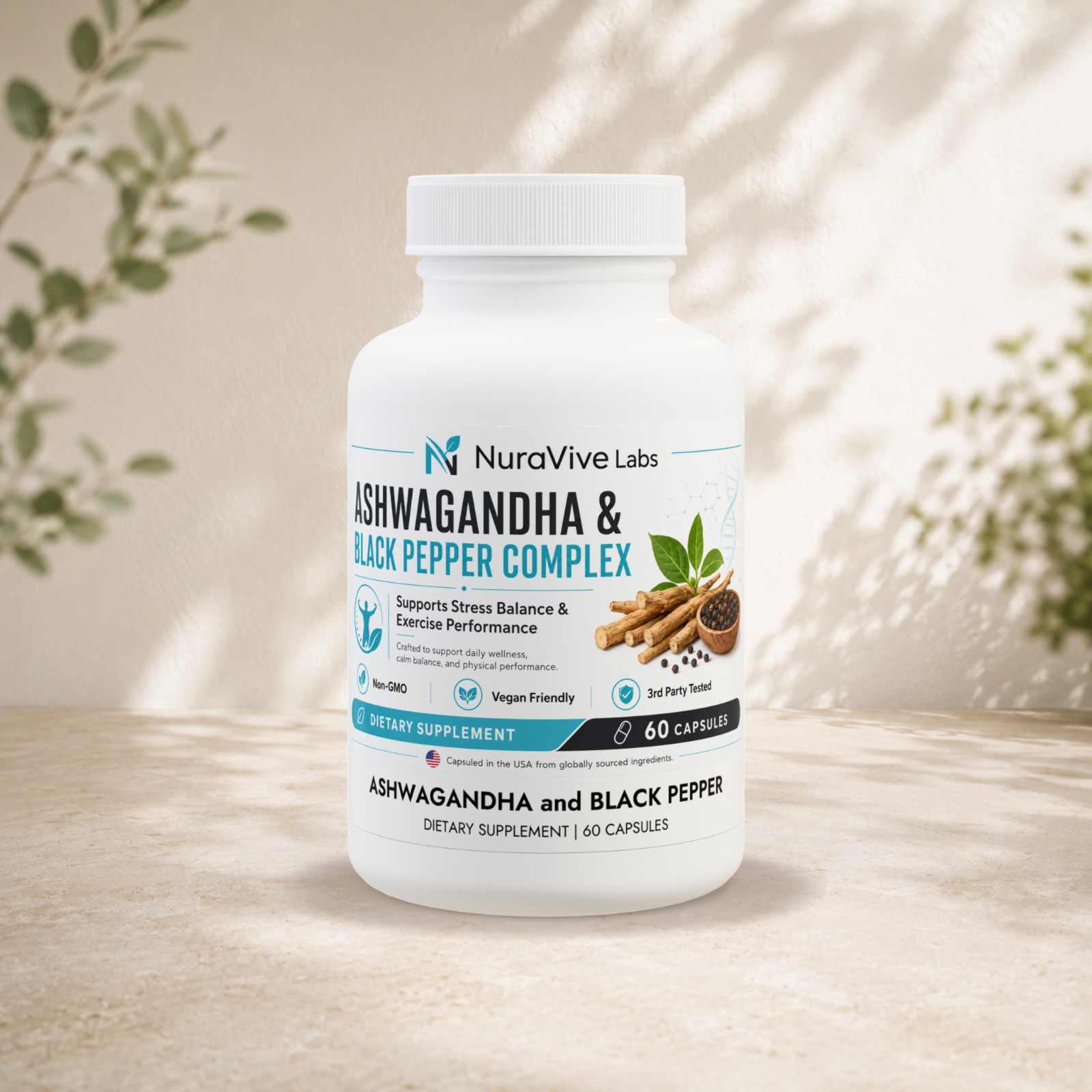 Ashwagandha Black Pepper Complex 60 Capsules Stress Support Vegan Non-GMO