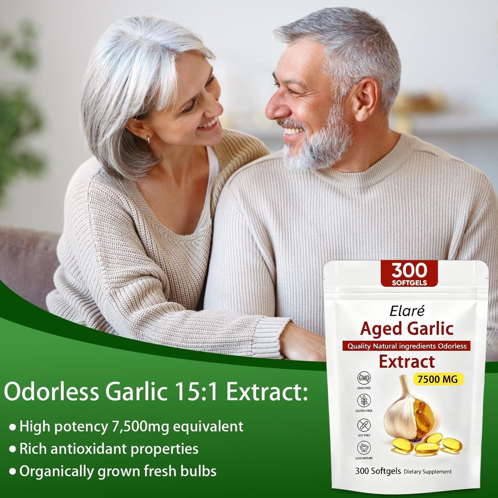 2X Elare Aged Garlic Extract, 300 Softgels, 7500mg Odorless | Heart & Immune